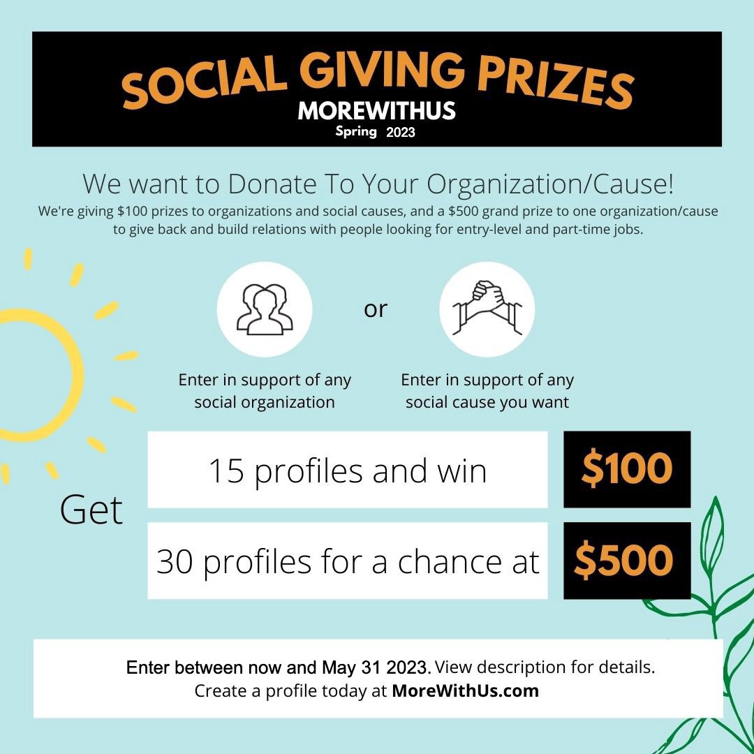 morewithus's tweet photo. Would you like to raise your money for your charity or organization? 
Morewithus - Everyday jobs is donating multiple $100 prizes and one $500 prize to organization/ causes. Open from now to May 31, 2023.
More details: https://t.co/bW5oauA9R9 https://t.co/piO20eGwzH