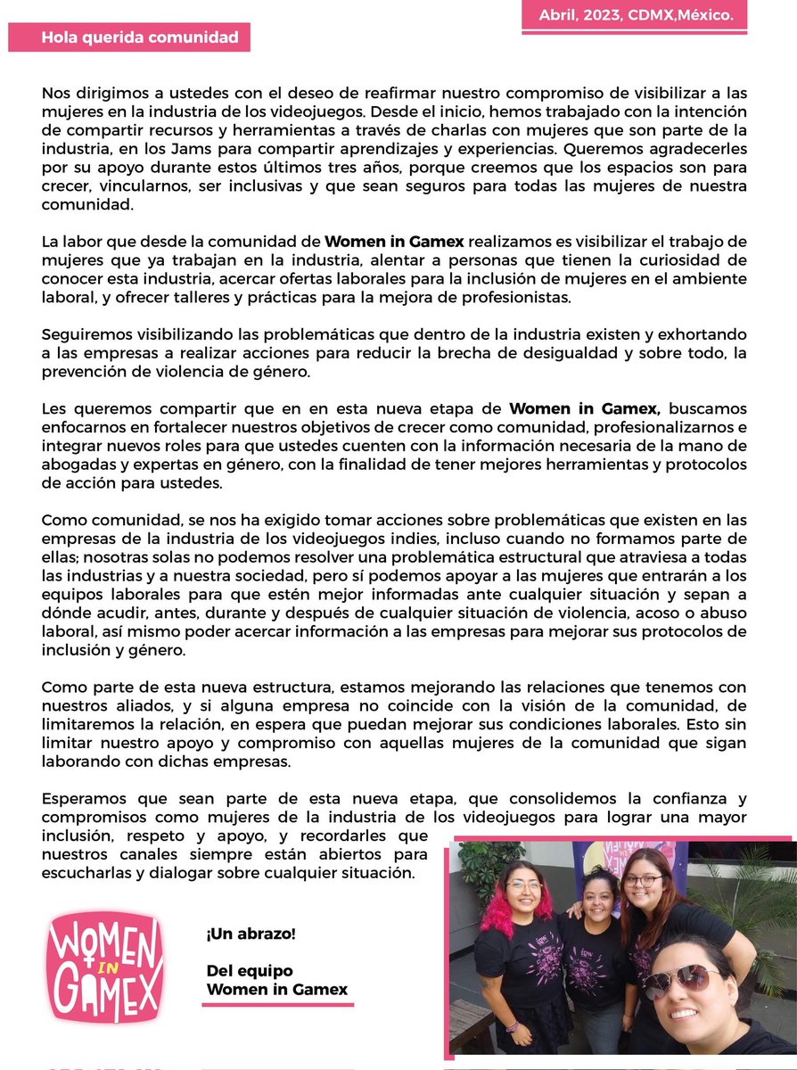 WomenInGamex's tweet image. Les compartimos nuestro comunicado para agradecerles su apoyo durante estos últimos tres años, esperamos sean parte de esta nueva etapa, seguir consolidando la confianza y compromisos para lograr una mayor inclusión, respeto y apoyo
#cerrandolabrecha #womeningamex