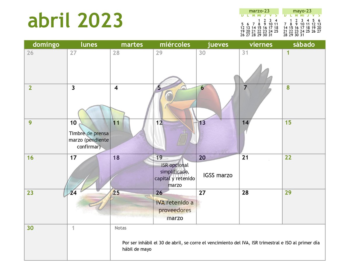 ¡Buenos días!  🌞

Compartimos el calendario del mes con las principales fechas de cumplimiento tributario.  Esta vez es un poco atípico debido, principalmente a los días inhábiles de esta semana 🏖️🏖️