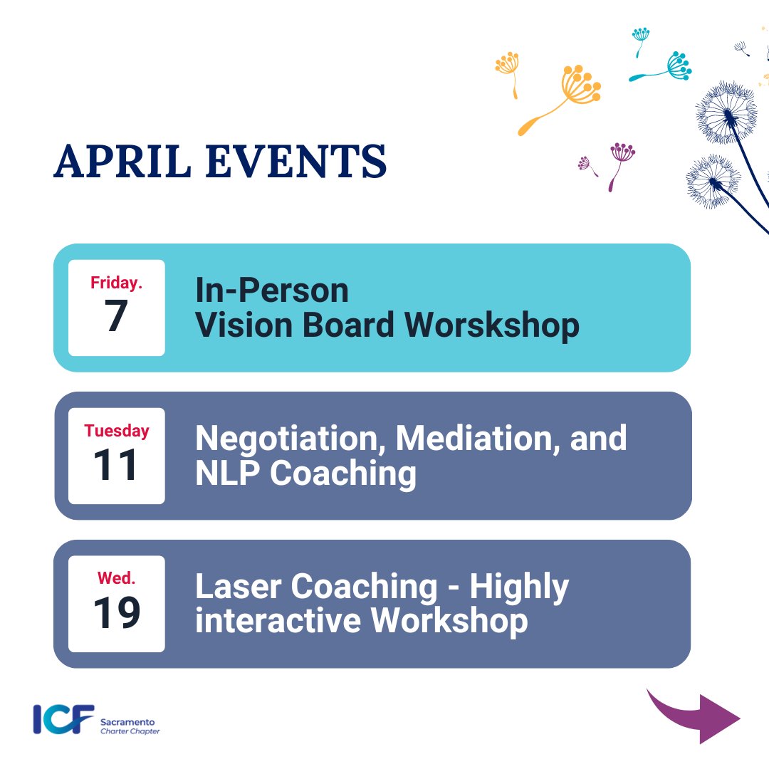 ICFSacramento's tweet photo. April is here!
With many opportunities to coach, connect, contribute and thrive.

Click here to register and attend the events of your choice: https://t.co/Zi7pctY2IA https://t.co/8khRzQ9TlY