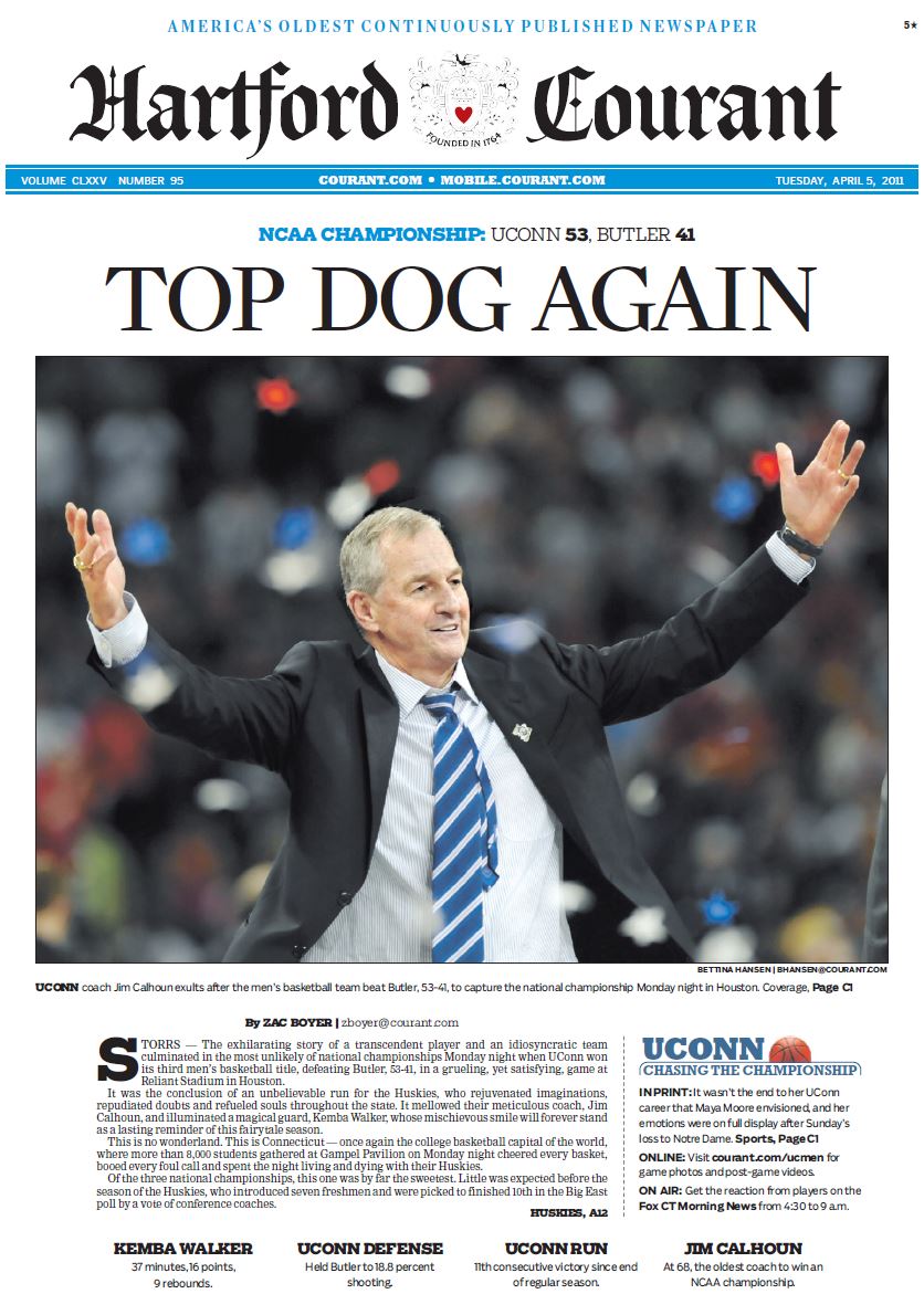 The A1 story of #UConn's NCAA title win in 2011 is still one of my favorite things I've ever written. (And I still have to get this framed someday.) 

courant.com/2011/04/05/on-…