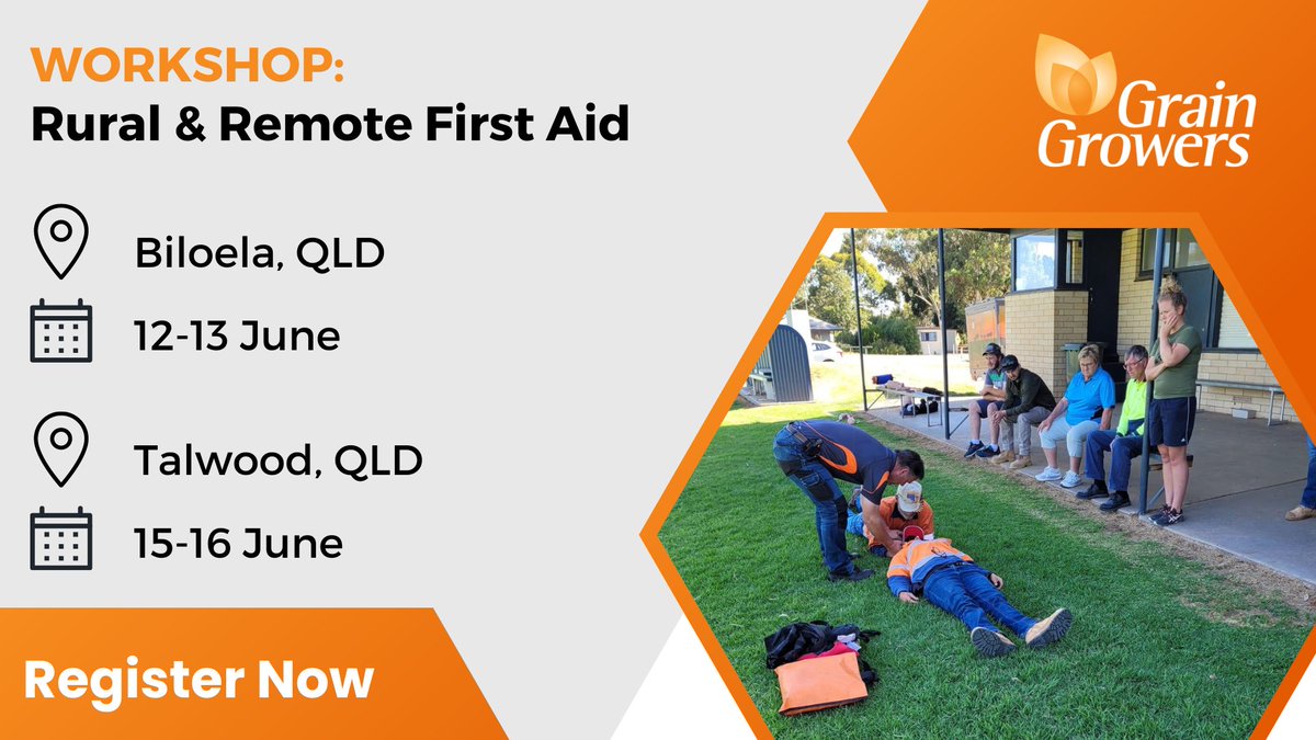 All farm businesses need first-aid equipment and access to a trained first-aider. 

GrainGrowers is running two subsidised Rural &amp; Remote First Aid Workshops, in QLD, tailored to those who live/work on the land.

More info: bit.ly/3R1LTcz

#ausag #agchatoz #qldag