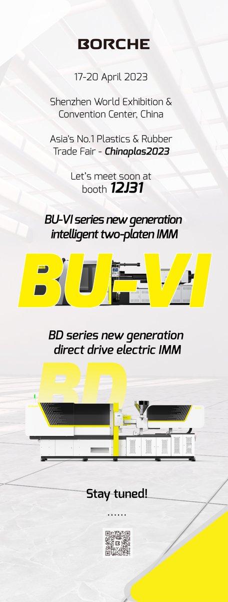 BorchMachinery's tweet photo. Borche New Model Reveal at Chinaplas2023!
17-20 April,2023
Booth: 12J31
Shenzhen World Exhibition &amp; Convention Center, China
#BORCHE #CHINAPLAS2023 #injectionmoldingmachines https://t.co/U3l5SjNMRR