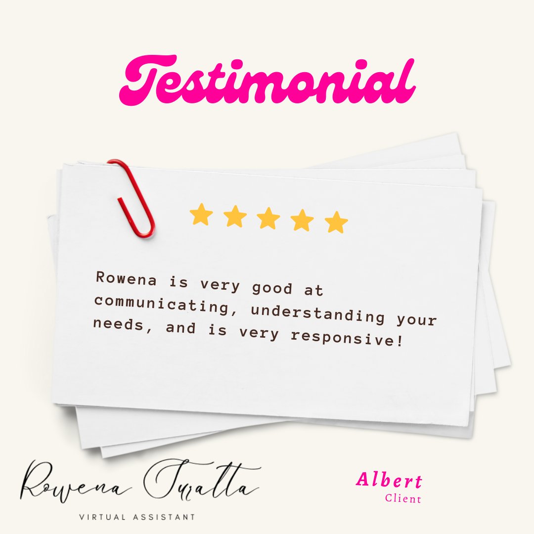 rowena_suralta's tweet photo. #Upwork #Upworkreviews #happyclients #virtualassistance #virtualassistant #workfromhome #happyclients #topratedplus #topratedfreelancer #freelancing #fivestarreviews #Upworktopratedfreelancer https://t.co/cipEOkLWGx
