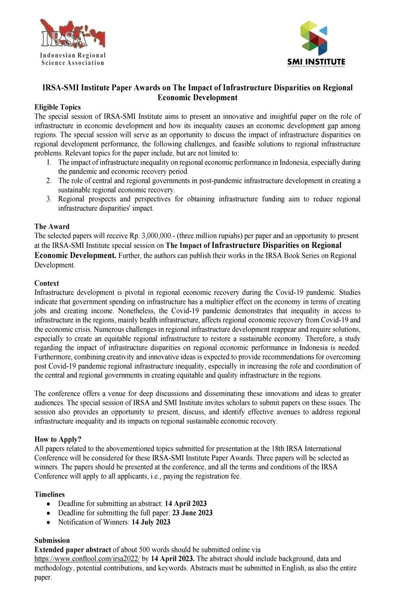 IRSA-SMI Paper Awards on Infrastructure and Regional Development
To compete for this award: Submit your abstract on this topic to the 18th IRSA International Conference via conftool.com/irsa2023/ by 14 April 2023.