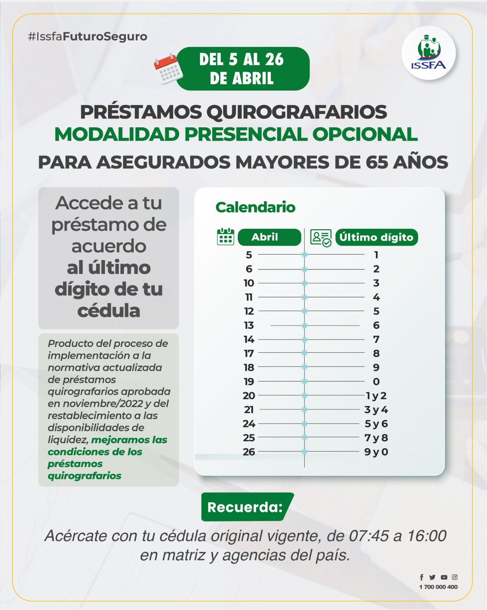 ISSFA_ECUADOR's tweet photo. 📣 Préstamos quirografarios del 5 al 26 de abril.
Conoce el cronograma para acceder en forma presencial opcional para mayores de 65 años 🗓️
#𝑰𝒔𝒔𝒇𝒂𝑺𝒊𝒆𝒎𝒑𝒓𝒆𝑪𝒐𝒏𝒕𝒊𝒈𝒐
#IssfaFuturoSeguro https://t.co/VEltVVotYU
