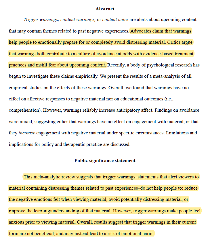 SteveStuWill's tweet photo. Meta-Analysis: Trigger warnings don't help people to emotionally prepare for distressing material or to avoid it – the two things they're intended to do. Their main effect seems to be to increase people's anxiety about encountering the material. [Preprint] https://t.co/FWDTwDuyIV https://t.co/8MWvhSnb34