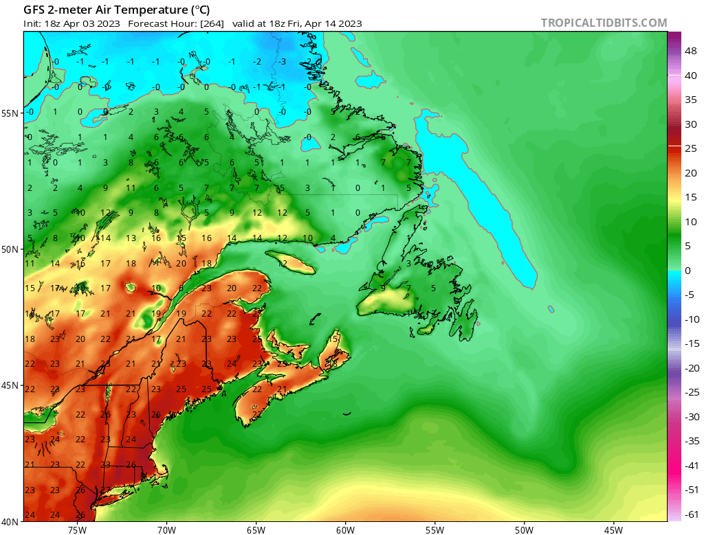 The 18Z GFS gives Nova Scotia and New Brunswick a taste of summer at hour 264.
Usually I would not share this, however, ensembles do seem to agree that a warm spell will occur around this time, so it's not entirely unreasonable. #NSwx #NBwx
