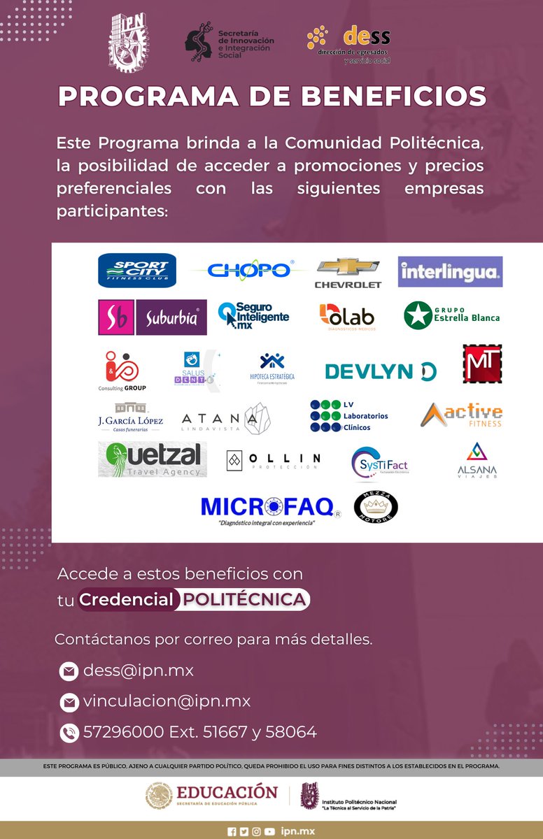 SIIS_IPN's tweet photo. ¿Sabías que con tu credencial tienes acceso a grandes beneficios?😉

Disfruta de las promociones y  descuentos a los que puedes acceder con diversas empresas participantes, al formar parte del Programa de Beneficios 👓🎒👚🎭🚗

¡Sólo por ser parte de la #ComunidadPolitécnica! https://t.co/GXkFKgYAOs