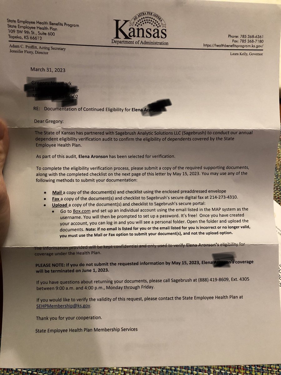 Elena_Rose_'s tweet photo. Oh look, The state of Kansas hired a firm to find dependents of state employees with the costliest health problems, and threaten to cut us off from the healthcare we PAY for. @LauraKellyKS your name is on this. https://t.co/BrvmPdRzqC