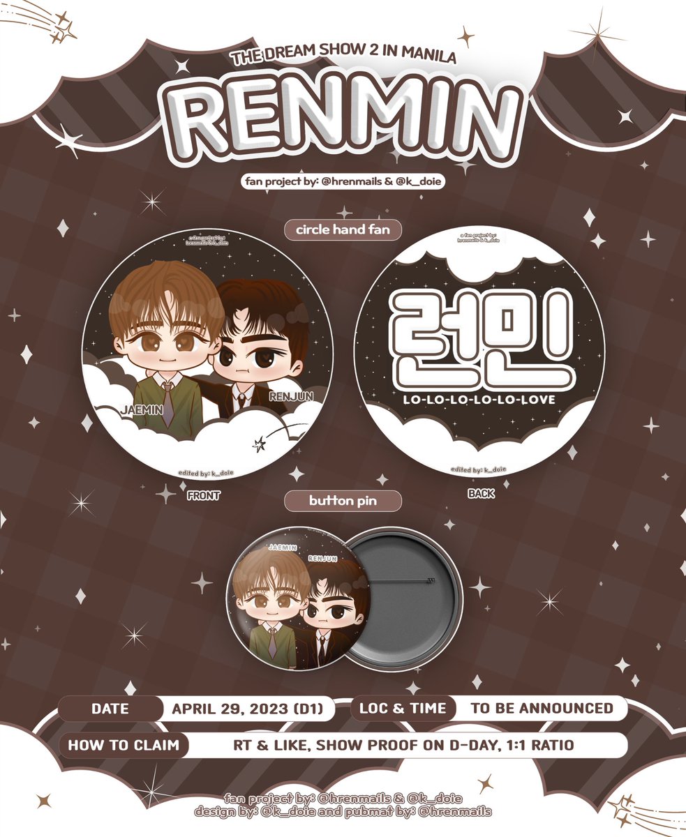 hrenmails's tweet photo. #THEDREAMSHOW2_in_MANILA : fan support for #런민 ✨

hello, renmin enjoyers! me and @k_doie will be giving away hand fans &amp; button pins on april 29!

⤷ rt &amp; like! 
⤷ follow us (optional for updates)
⤷ time &amp; loc: tba
⤷ open for trades &amp; donations

see you there! 💛 https://t.co/czvuWehm8l