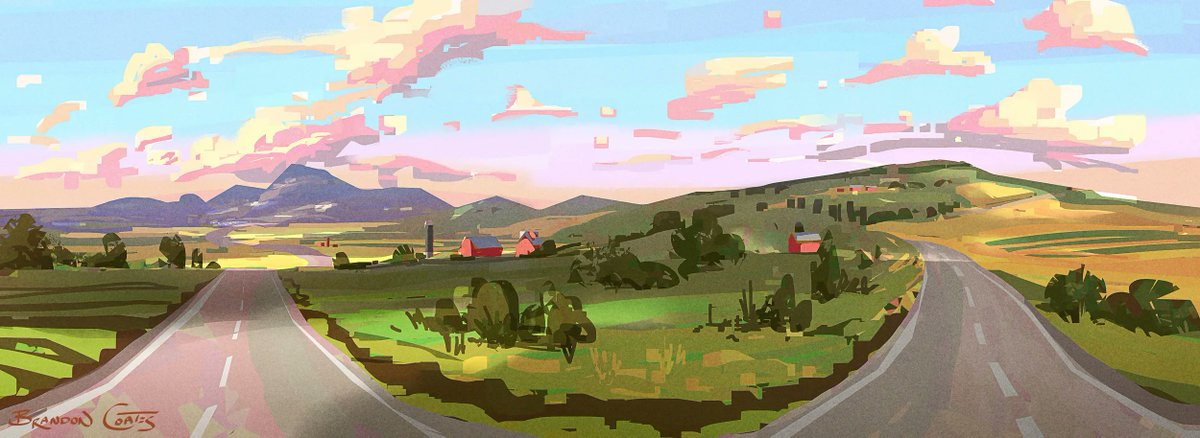 CoatesCloset's tweet photo. This is another rough concept I made for a roadtrip scene in Nexus Studio's "This Tapedeck is a Timemachine" short quite a while back! We needed some ideas for views the camera would see out the back, side, and front. 

#EnvironmentDesign #Roadtrip #ColorAndLight #Landscape https://t.co/Ari1ZeAcvH