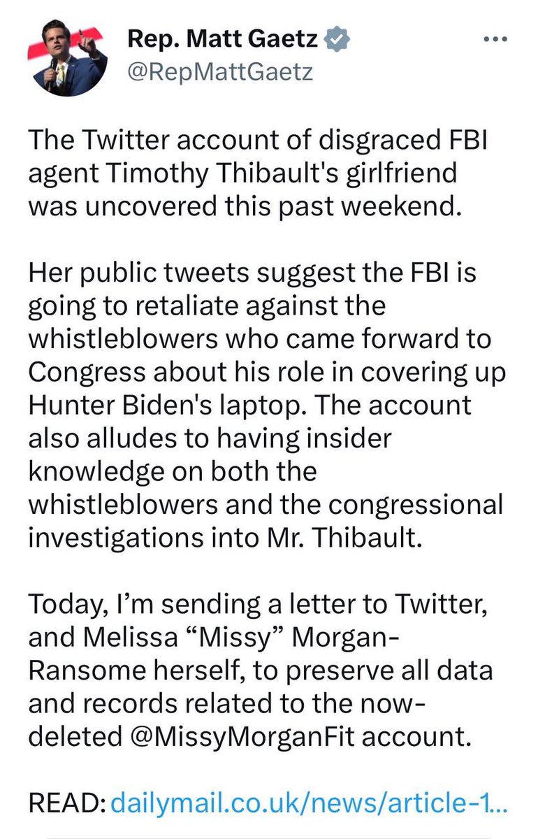 nomandatesco's tweet photo. Rep. Matt Gaetz 🔥🔥

Timothy Thibault’s GF tweets suggest The FBI will retaliate against whistleblowers who came forward about #thelaptopfromhell 

https://t.co/4PSP8MpX5N https://t.co/GImYYSVLZB