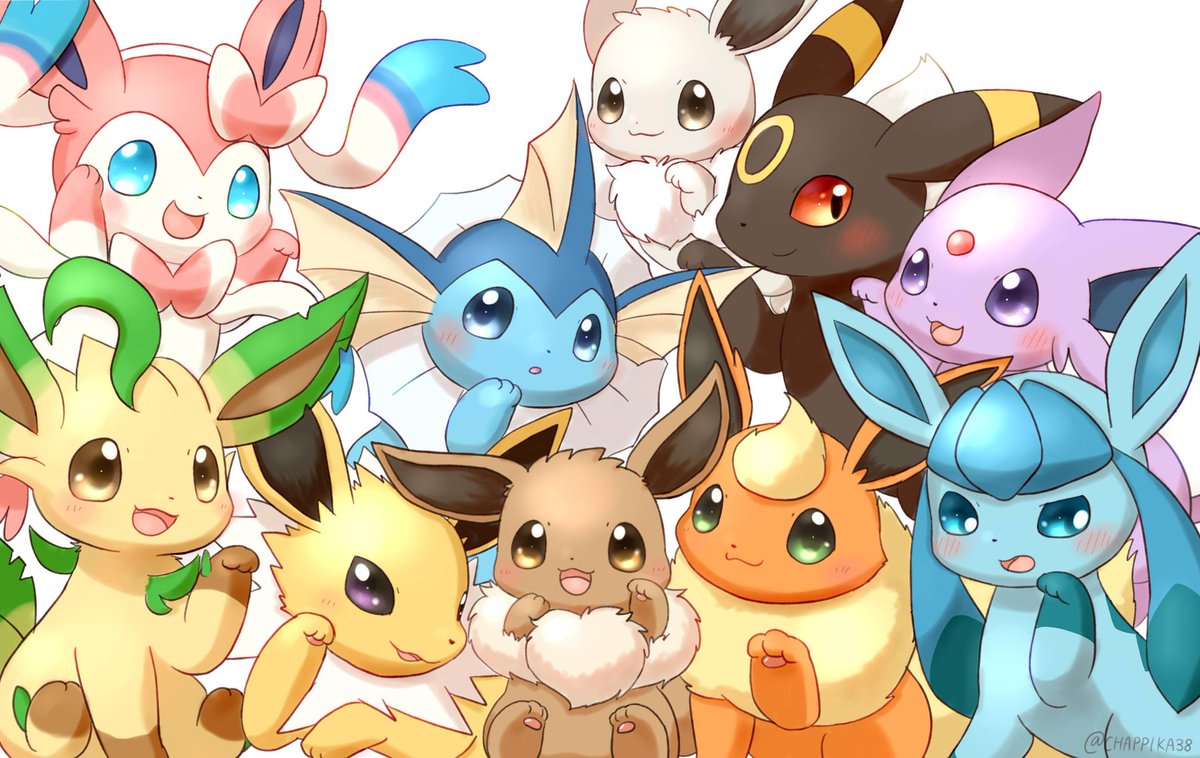 eevee ,espeon ,glaceon ,leafeon ,sylveon ,umbreon no humans pokemon (creature) open mouth smile :d blue eyes white background  illustration images