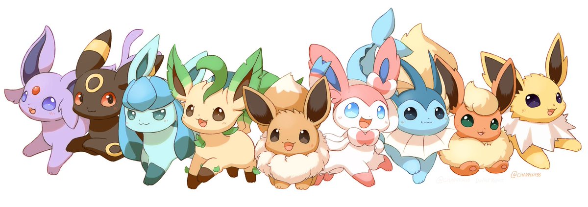 eevee ,espeon ,glaceon ,leafeon ,sylveon ,umbreon no humans pokemon (creature) open mouth smile :d blue eyes white background  illustration images