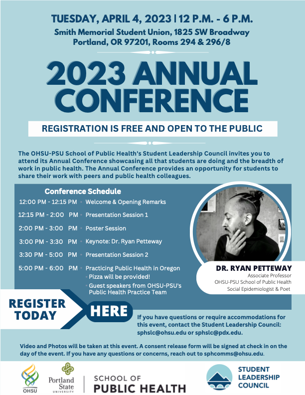 Folks in the Portland metro area interested in learning about all the cool public health things our <a href="/publichealthpdx/">Public Health PDX</a> students have been up to: come to our 2023 Annual Conference! Also! The amazing <a href="/RJPway4EQ/">Ryan Petteway, DrPH, MPH</a> will be giving the keynote!
#PublicHealth #NPHW2023 #NPHW #PDX