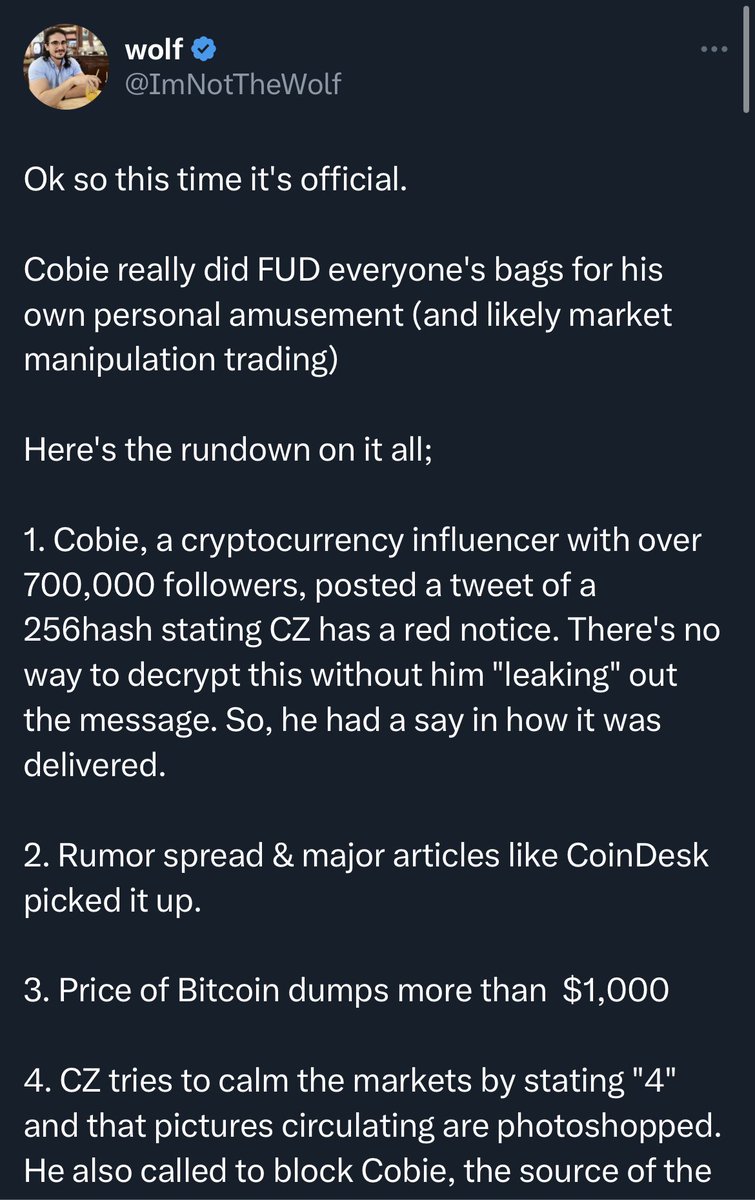 Yo @cobie I hear the SEC is after big accounts. Why you asking for trouble?  Did a 700k account on Twitter just move #BTC by $1k? We can do better than  this