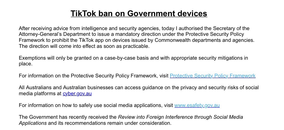 The Federal Government has confirmed the TikTok app ban on government devices. @10NewsFirst