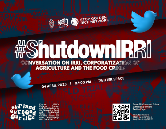 MASIPAGFarmers's tweet photo. Today, MASIPAG once again register our most urgent call to #ShutDownIRRI. It's clear that 63 years of IRRI has been detrimental to our aim for genuine food security through food sovereignty.
Likewise, we invite everyone to join our online activities today on different platforms https://t.co/b6BgZe4q3l