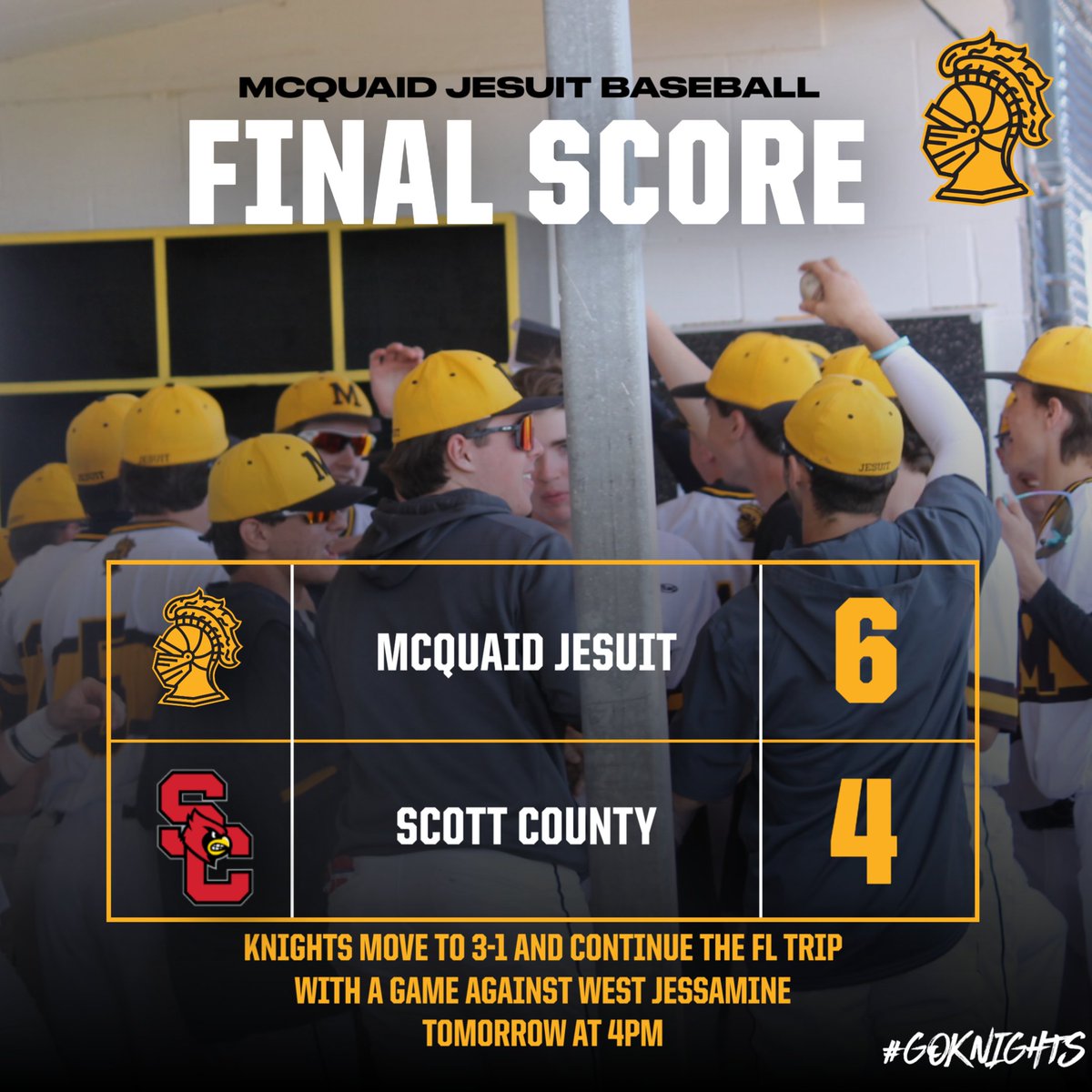 KNIGHTS WIN! The boys rallied from 2 down in the bottom of the 6th to beat @scottcosports and move to 3-1. Sam Stone 2 hits and an RBI, Ian Fleck 1 hit 2 BB and an RBI, Luca 2 hits. Foryt went 5.2, 5 K's and 1 ER. @mcquaidjesuit @mcquaidbaseball @pickinsplinters @primetimeball_