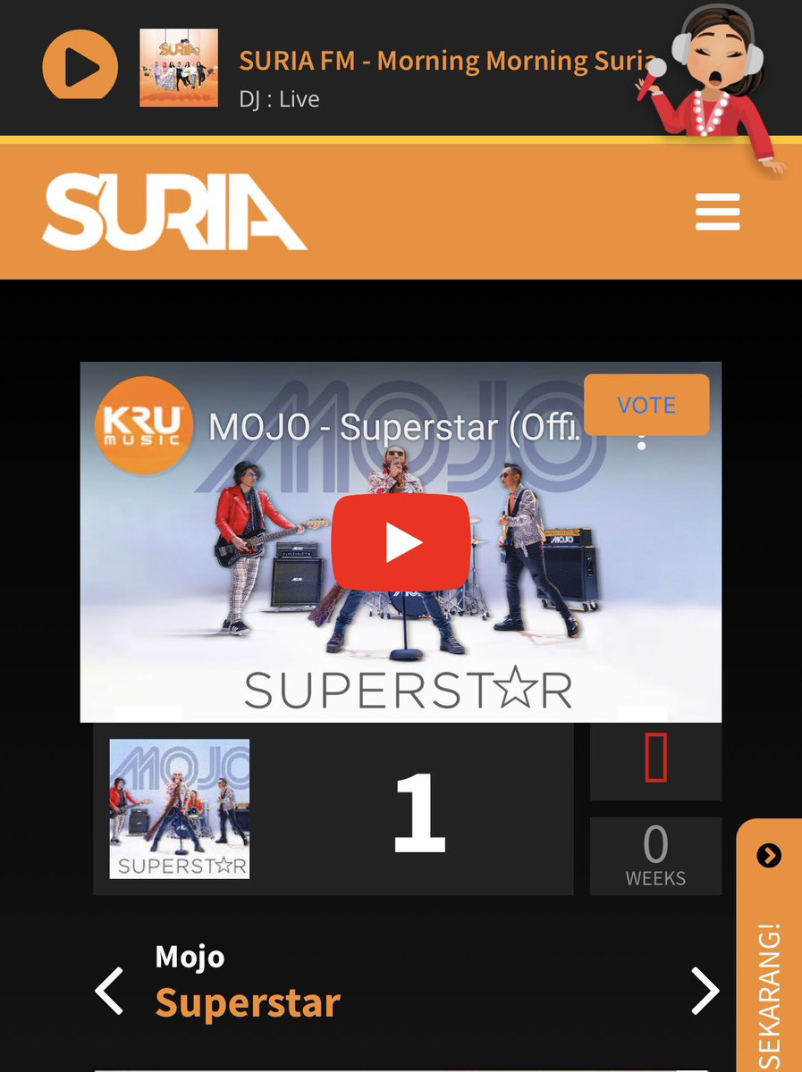 TheBandMOJO's tweet photo. Alhamdulillah dah nombor 1 kat Carta SURIA TOP 40  @suriamalaysia 🤩🤟🏻 Terima kasih army for keep supporting MOJO! 

Terima kasih @suriamalaysia 🔥 

#MOJO #Superstar #Comeback https://t.co/5lUJsIWYug