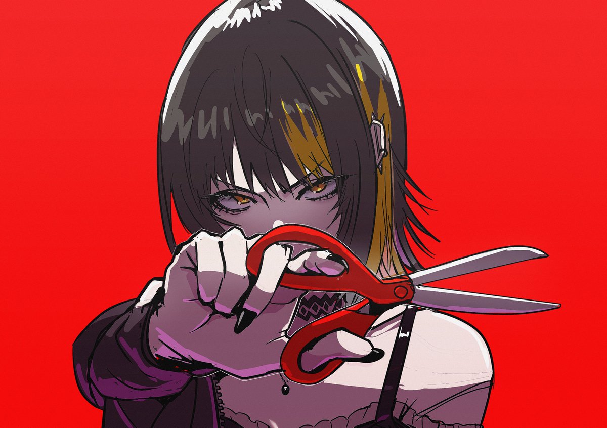 1girl scissors solo blonde hair black nails holding red background  illustration images