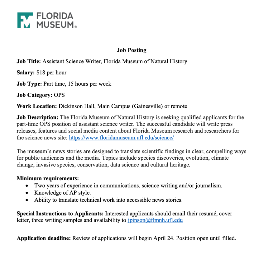 Come work with me. Opening for a part time science writing position at the Florida Museum of Natural History. Opportunity for in-person or fully remote. #scicommjob #scicommjobs #scicomm