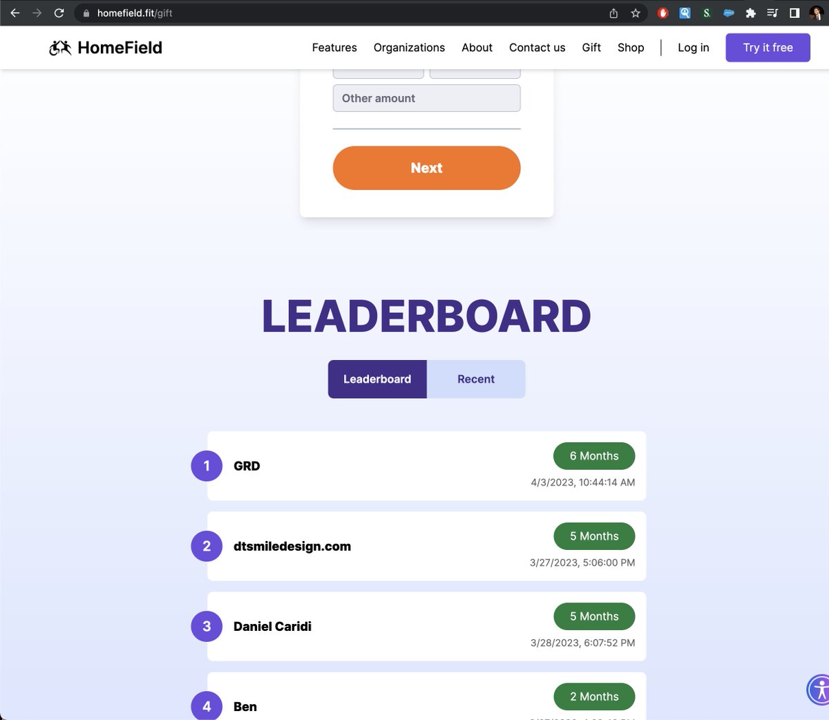 The @HomeFieldFit gifted leaderboard is heating up🔥

❤️ homefield.fit/gift ❤️

If you/your company wants to sponsor individuals with disabilities who cannot afford HomeField it's only $20!  Get a spot on the leaderboard 👀