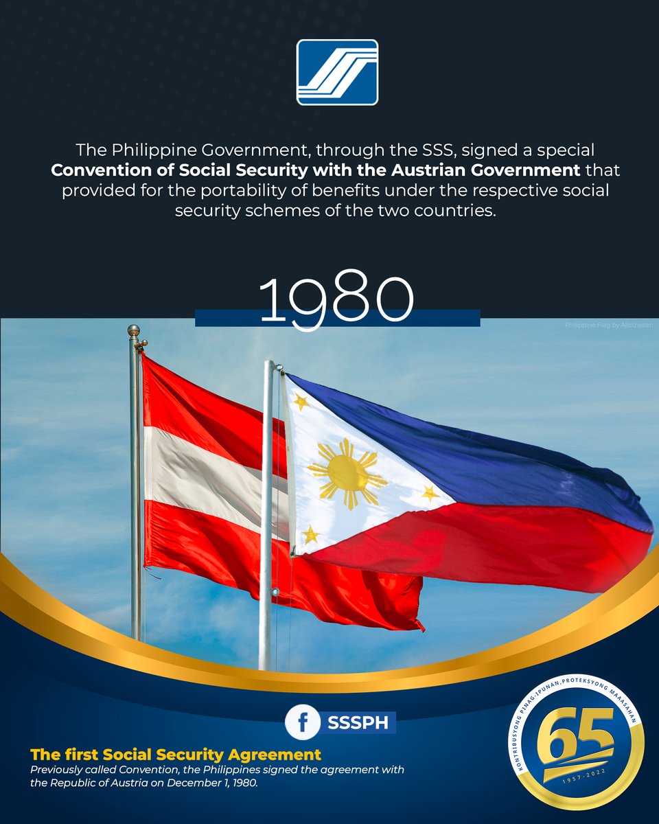 MYSSSPH's tweet photo. A LOOK BACK: Since early 1980s the SSS has pursued the establishment of social security agreements (SSAs) with other countries that host Filipino migrants. The first SSA, previously called Convention, was signed between the Philippines and Austria on December 1, 1980. #SSSat65 https://t.co/vt6mSOUvjB