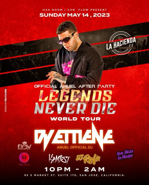 Anuel Concert After party in San Jose, CA 

Sunday May 14th ~~ La Hacienda Lounge, San Jose

Tickets available at Eventbrite.com