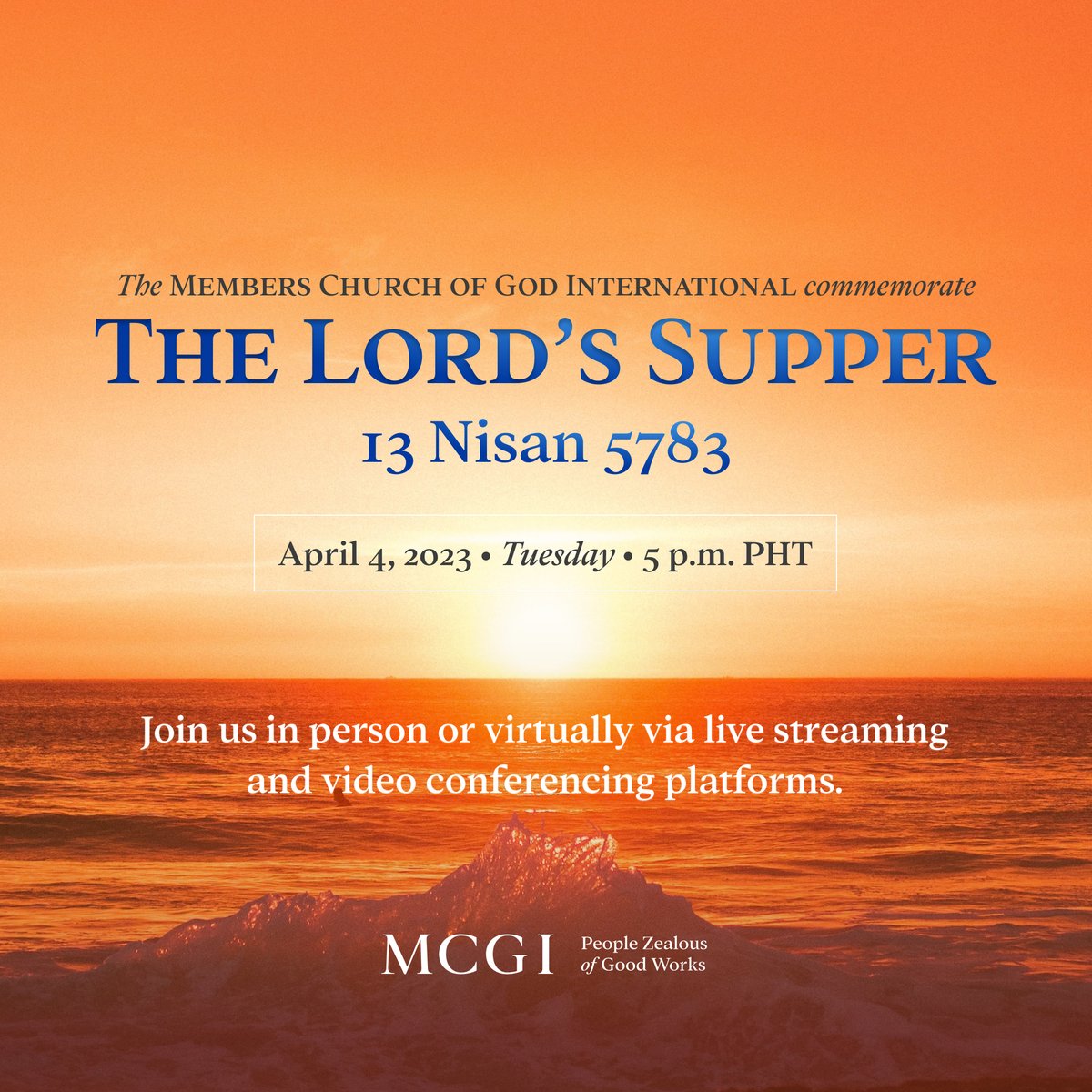 We commemorate the Lord’s Supper today, April 4, 2023 (13 Nisan 5783), in remembrance of the sacrifice of our Lord Jesus Christ for mankind.

This solemn event recounts the greatest sacrifice of our Lord Jesus Christ and God’s unconditional love for mankind.

Thanks be to God!