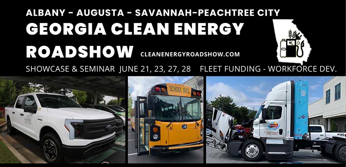 AltFuelTour's tweet photo. Just Announced! Clean Energy Roadshow Dates for 2023  - 13th annual series to visit Albany, Savannah, Augusta and Peachtree City - https://t.co/GnrEklEp0b https://t.co/lxbT8aThfk