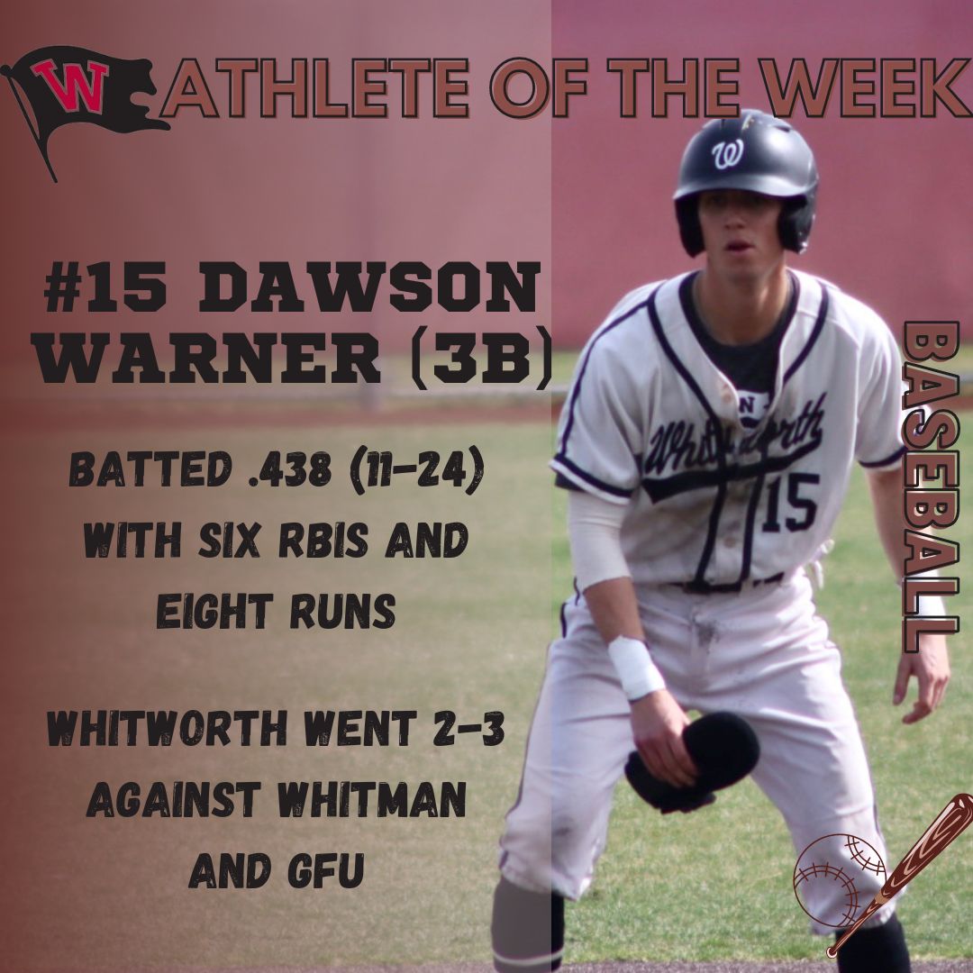 gobucs's tweet photo. Athlete of the week
Baseball –

Dawson Warner (Sr., 3B)

Batted .438 (11-24) with six RBIs and eight runs

Whitworth went 2-3 against Whitman and GFU https://t.co/d8qSQVje82