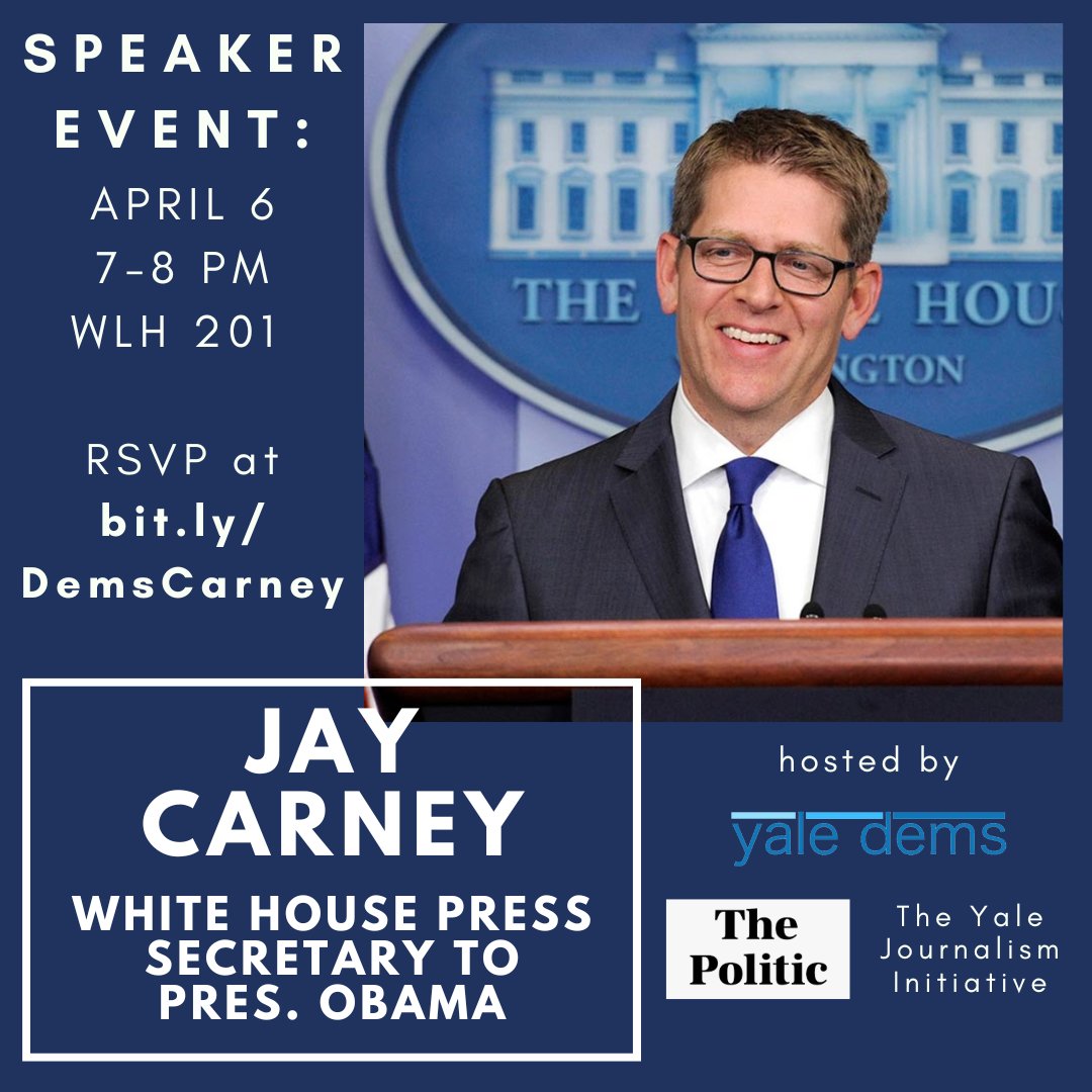 Yale Dems is excited to welcome Jay Carney for an in-person conversation on Thursday, 4/6! Mr. Carney previously served as Press Sec. to Pres. Obama and is now the Global Head of Policy and Communications for Airbnb. RSVP at bit.ly/DemsCarney 💙 Hope to see you all there!