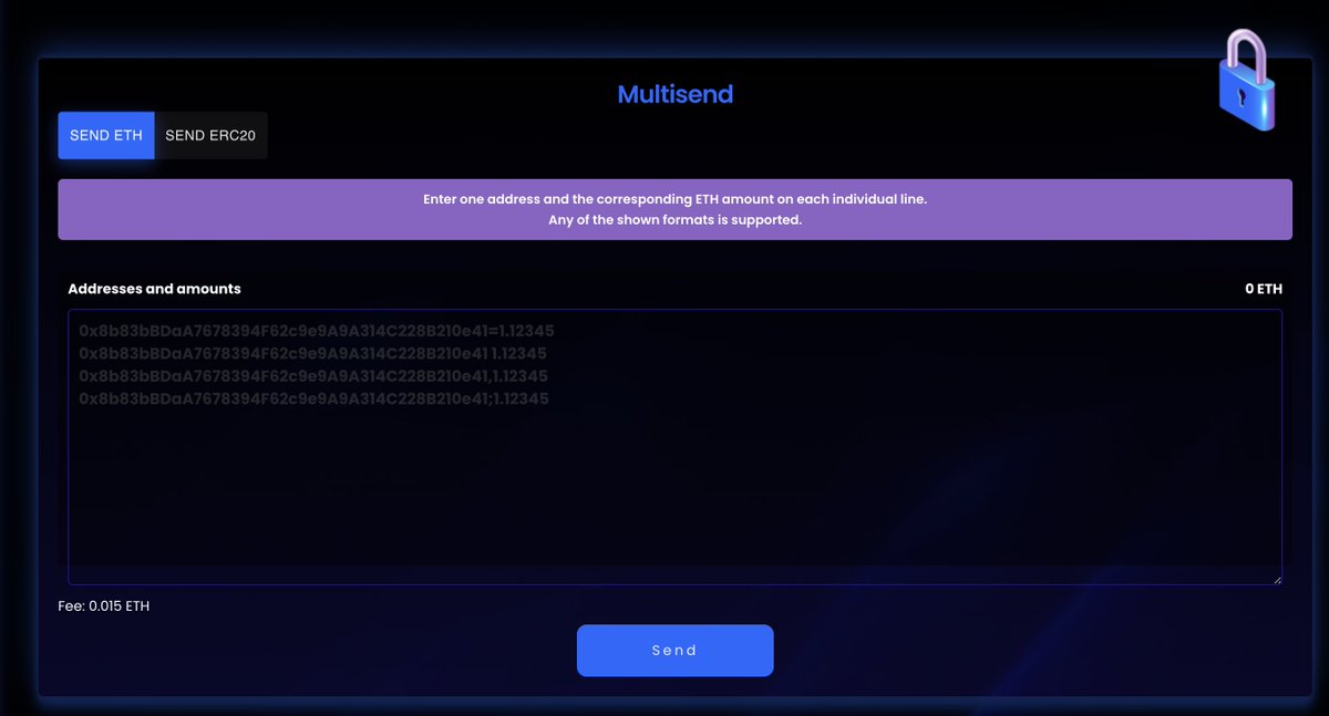 Whisper_Zk's tweet image. We are very proud to announce the release of the $WISP Multisender, the first on @zksync. A #Multisender is a must for every blockchain for both developers and project owners. You can send both ETH or any ERC20 token to any amount of addresses you want in a single transaction.