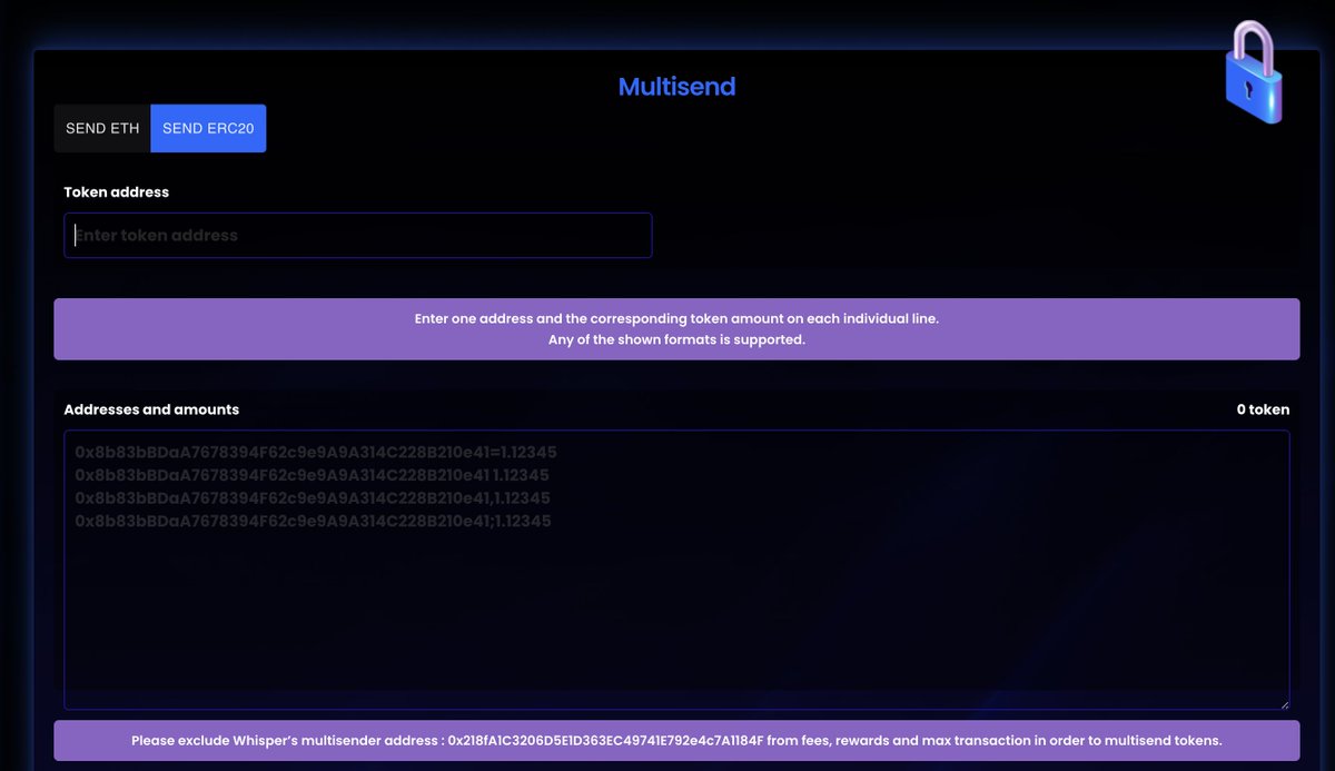 Whisper_Zk's tweet image. We are very proud to announce the release of the $WISP Multisender, the first on @zksync. A #Multisender is a must for every blockchain for both developers and project owners. You can send both ETH or any ERC20 token to any amount of addresses you want in a single transaction.