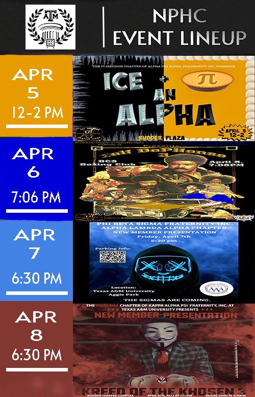 Be sure to check out these exciting events this week with <a href="/PotentPiO/">Texas A&M Alphas</a> <a href="/TAMU_SGRho/">Lambda Squared 🐩</a> <a href="/TAMU_sigmas/">Texas A&M Sigmas 🕊</a> and <a href="/BlackheartNupes/">Blackheart Nupes👌🏾</a>! 👏🏽👍🏽
