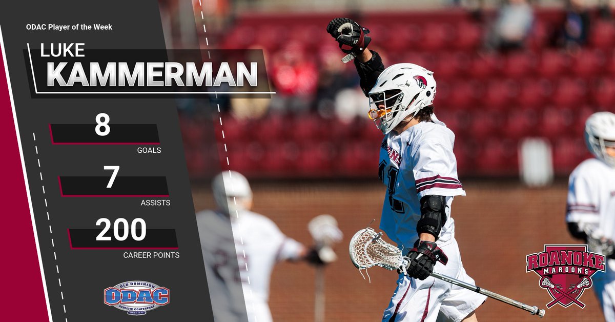 🚨 ODAC AWARD ALERT! 🚨 After a 15-point week, @RoanokeMLAX's Luke Kammerman was named the ODAC Men's Lacrosse Player of the Week!

Kammerman had four goals and two assists against Guilford and followed up with a four-goal, five-assist performance against Shenandoah on Saturday