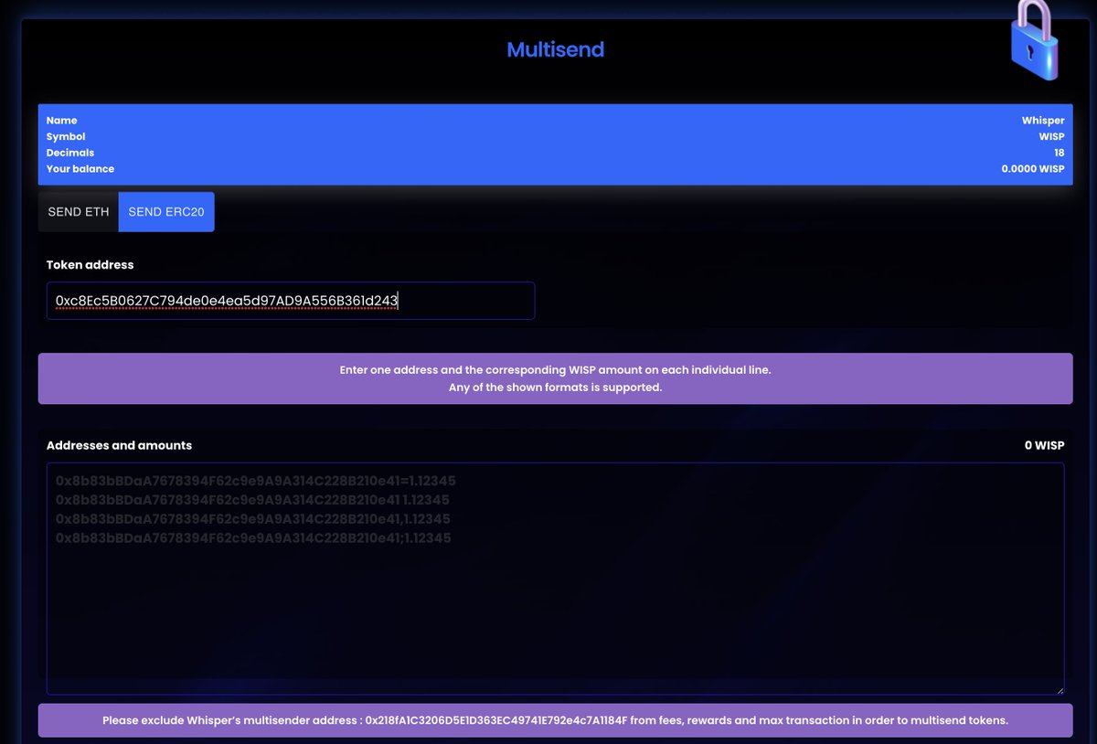 Whisper_Zk's tweet image. We are very proud to announce the release of the $WISP Multisender, the first on @zksync. A #Multisender is a must for every blockchain for both developers and project owners. You can send both ETH or any ERC20 token to any amount of addresses you want in a single transaction.