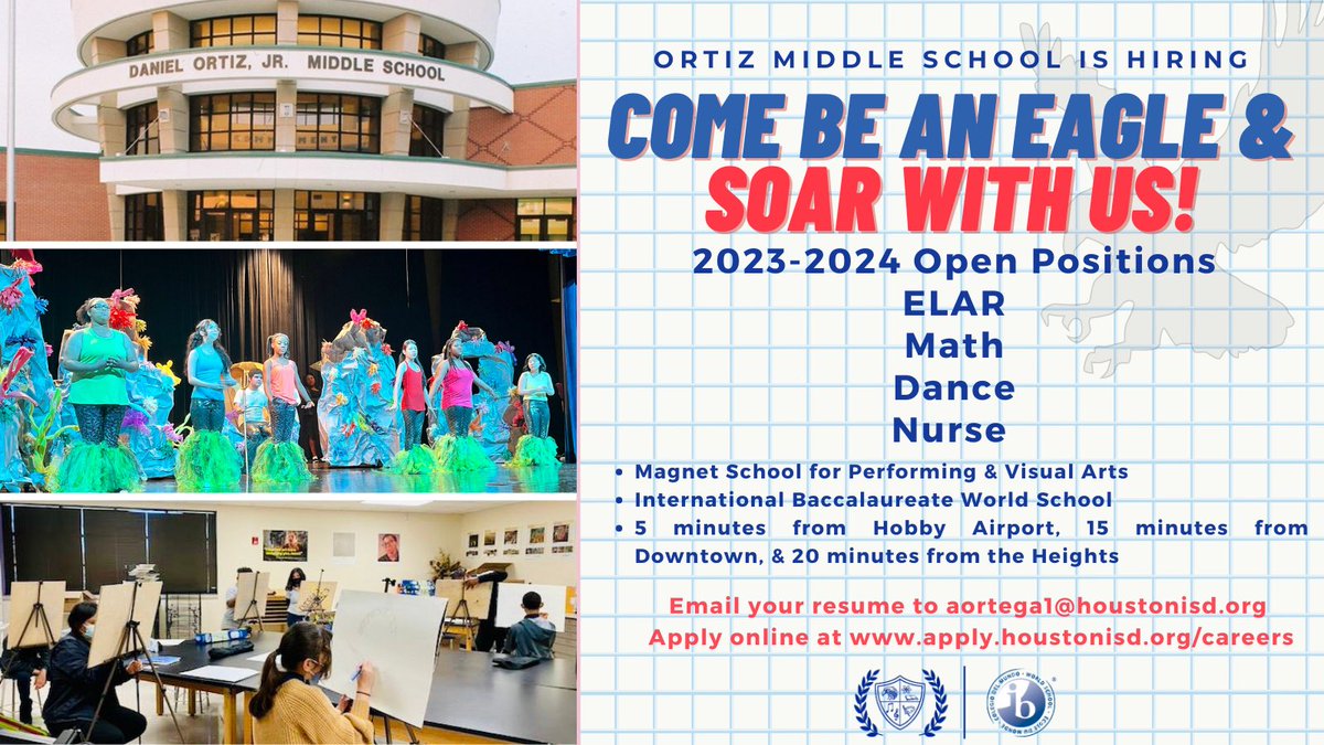 Soar with the best at <a href="/HISD_OrtizMS/">Ortiz Middle School</a> for the 23-24 school year 🦅 We’re in search of eager &amp; energetic Eagle educators to join our team! Learn more about us ➡️ youtu.be/oHDOWra_DQU @HISDRecruiter @TeamHISD @HISDMiddleSchls @HISDChoice