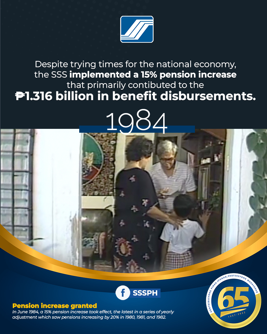 MYSSSPH's tweet photo. A LOOK BACK: In June 1984, a 15% pension increase took effect, the latest in a series of yearly adjustment which saw pensions increasing by 20% in 1980, 1981, and 1982. #SSSat65 https://t.co/ezRx43XKuf