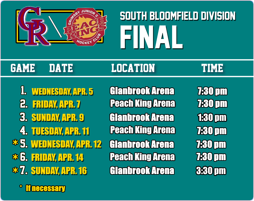 PJHL_GRangers's tweet photo. Attention all Rangers fans!  Here is the revised @PJHL_GRangers Bloomfield Division Final schedule with corrected puck drop times.  Game 3 will start at 1:30 pm and Game 7 start time is 3:30 pm.  Both games at Glanbrook Arena.  Go Rangers! https://t.co/DDfutLzuqr
