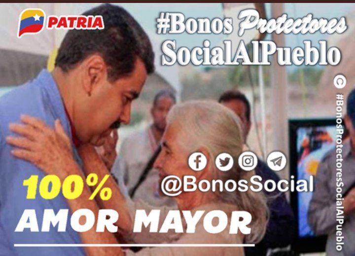 #SemanaMayorEnFamilia
En las próximas horas o días el Sistema @CarnetDLaPatria estará entregado el pago de la pensión 💯% #AmorMayor mes (abril 2023).

✅ Atentos a la notificación al numero del #SistemaPatria y aceptar el beneficio.
@NicolasMaduro