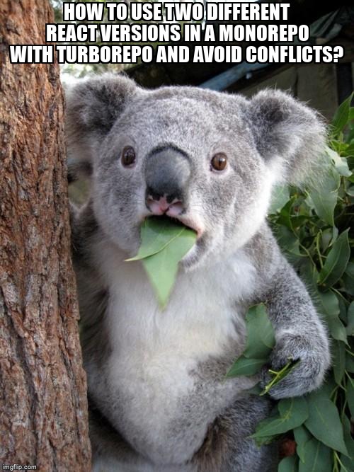 overflow_meme's tweet image. How to use two different React versions in a monorepo with Turborepo and avoid conflicts? stackoverflow.com/questions/7556… #reactdom #npm #reactjs #monorepo