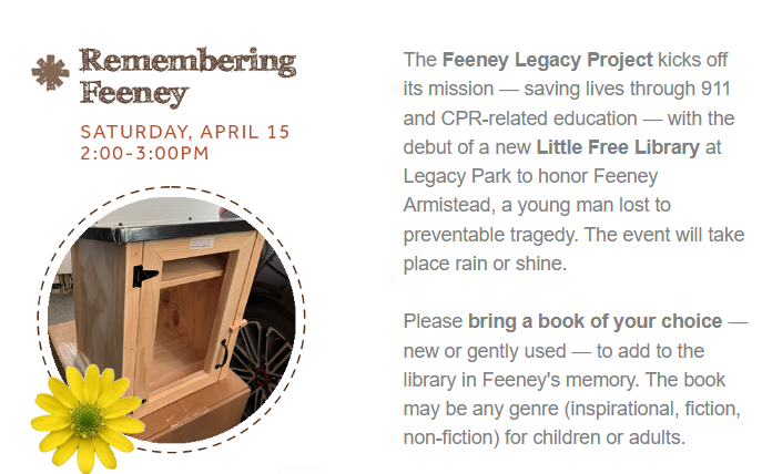 feeneylegacy's tweet image. Join us at #DecaturLegacyPark for the Feeney Remembrance Event, where we'll unveil our #freelittlelibrary &amp;amp; launch The Feeney Legacy Project #besomeonessecondchance #call911 #CPRsaveslives #LearnCPR 
decaturlegacypark.com/events-calenda…