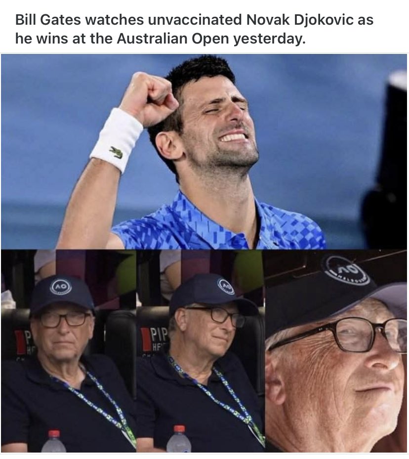 MoPatriota's tweet photo. Congratulations @DjokerNole well deserved. 👏👏👏👏 shove that up your pie hole @BillGates #wuhanflu #scamdemic #covid #deathjab #purebloodsrule #Nuremburg2 #willnotcomply #justsayno
#FJB #FGATES #FWHO https://t.co/os2r3fO2PR