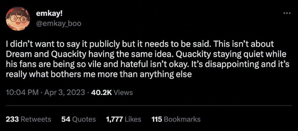 fauxprose's tweet photo. This is the most psycho take I've seen when dream has the objectively larger and more insufferable fanbase so if anyone is failing to control their mob it's him.. and if quackity fans seem more upset it's because a project their cc is very proud of was stolen and bastardized https://t.co/8aLUmNiPE8