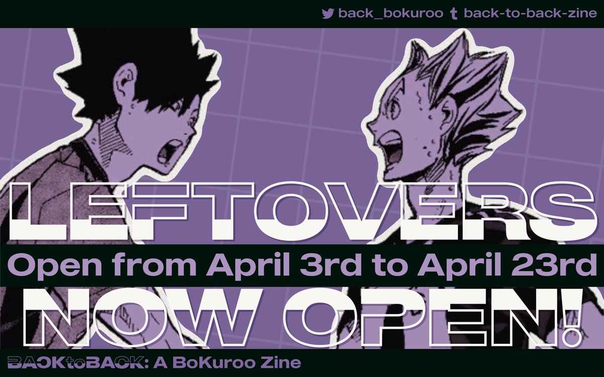 back_bokuroo's tweet photo. 💜LEFTOVER SALES OPEN!🖤

Leftover sales are open for Back to Back: a #Bokuroo Zine! We have limited stock so hurry!

🛒 https://t.co/cT9mC2C9Rn
📅 Shop closes on April 23 https://t.co/XzfmathWhD