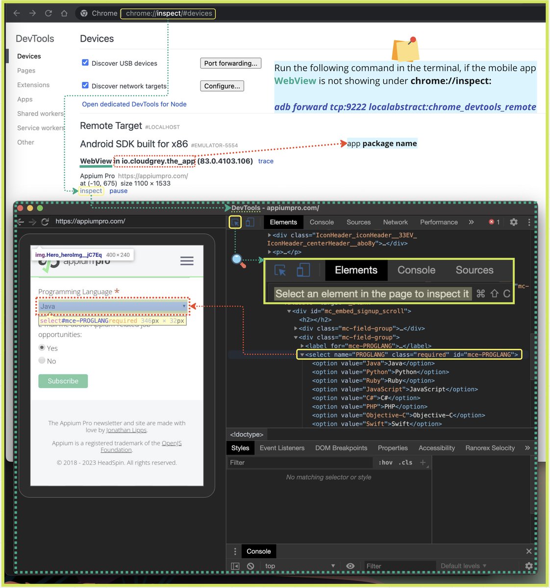 therunninglight's tweet image. 🌐📱🛠️
#WebView not showing under 'chrome://inspect'?
Run command:
adb forward tcp:9222 localabstract:chrome_devtools_remote
#Web #Hybrid #mobile #app #testing #android #remote #debugging  #chrome #devtools #sqa #QualityEngineer