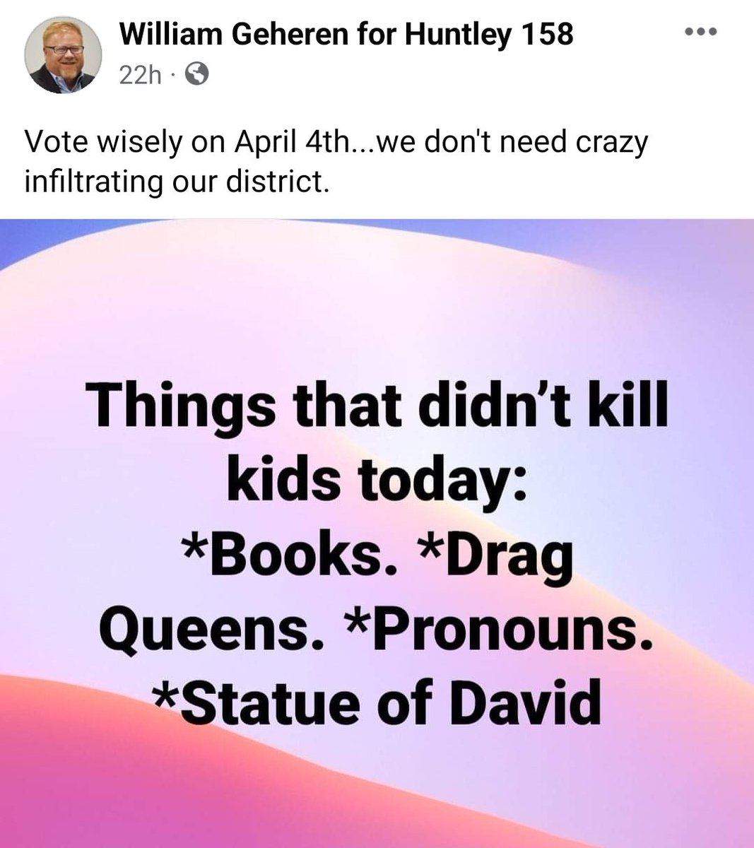 codeman9230's tweet photo. What a tasteless way to end your years on the board at @Dist158.  Coming days after children were killed in a school.  Good riddens to you and thank God you will have no control over any children's lives going forward. #nashvilleschoolshooting @HuntleyHS https://t.co/1y0DZMFU2j